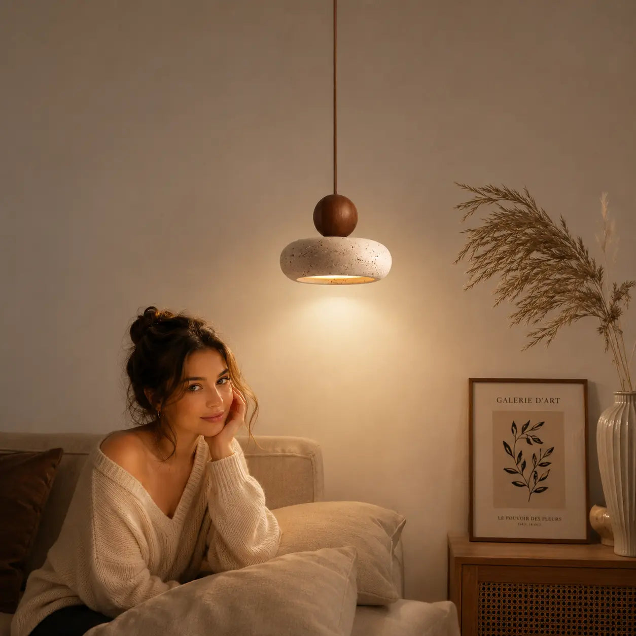 Arova stone pendant light adding a quiet warm glow beside a bedroom bed