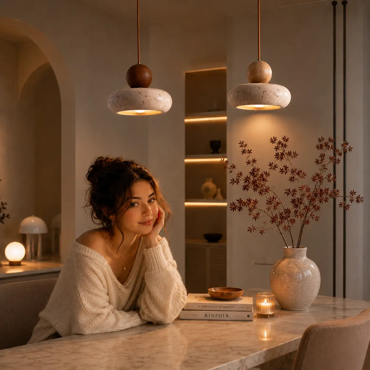 Arova stone pendant light creating a warm intimate glow above a dining table