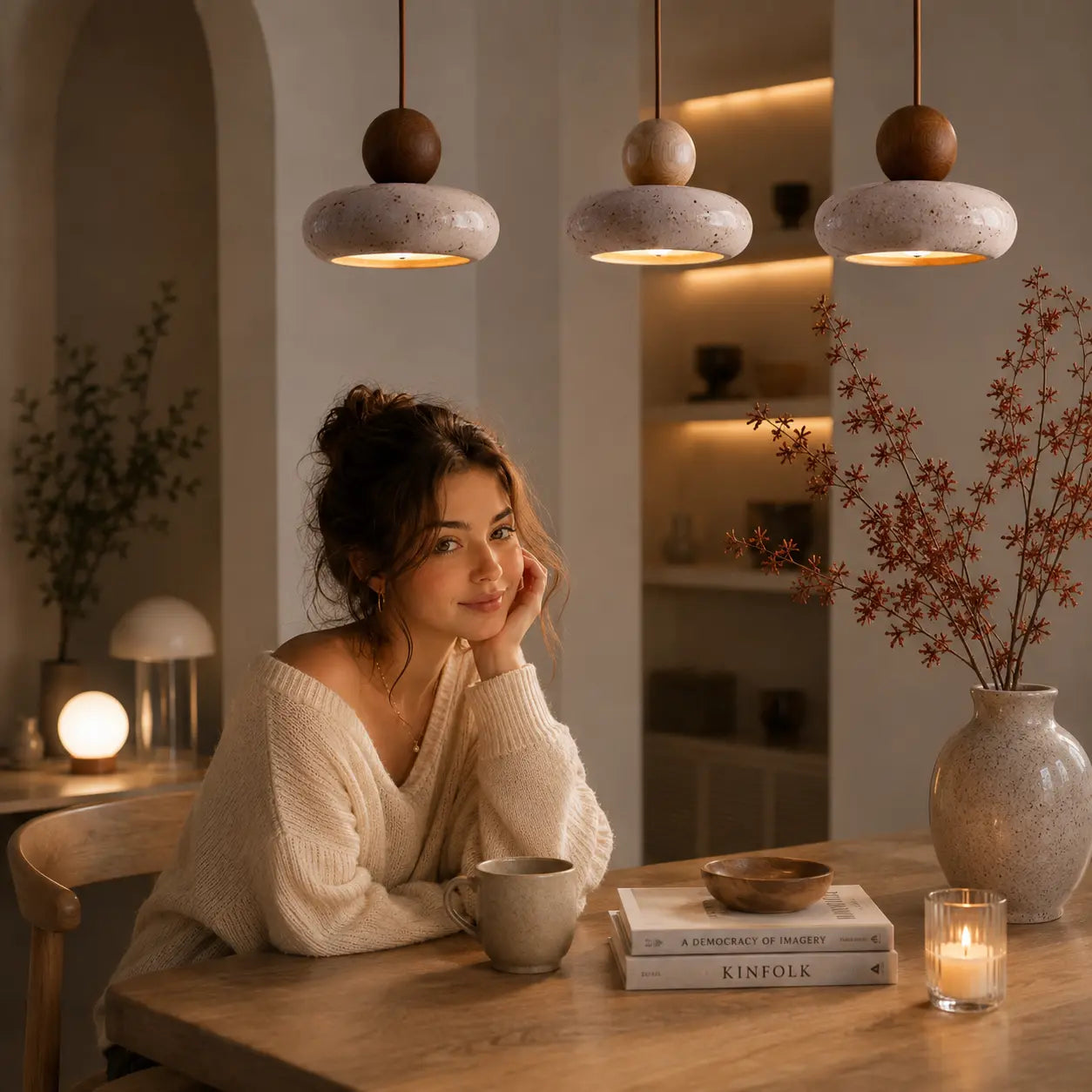Arova stone pendant light creating a quiet warm mood in a modern dining room