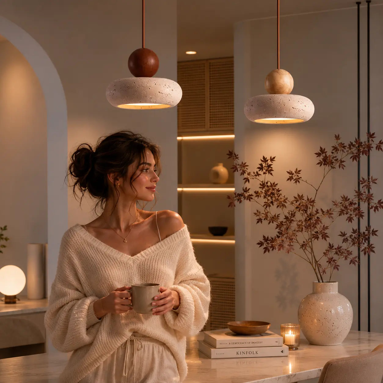 Arova stone pendant light adding soft warm atmosphere to an evening dining setting