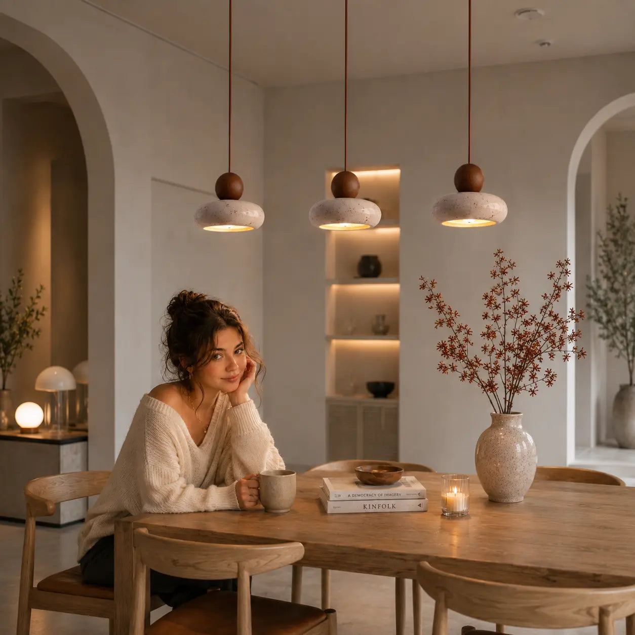 Multiple Arova stone pendant lights adding warm focused lighting above a dining table