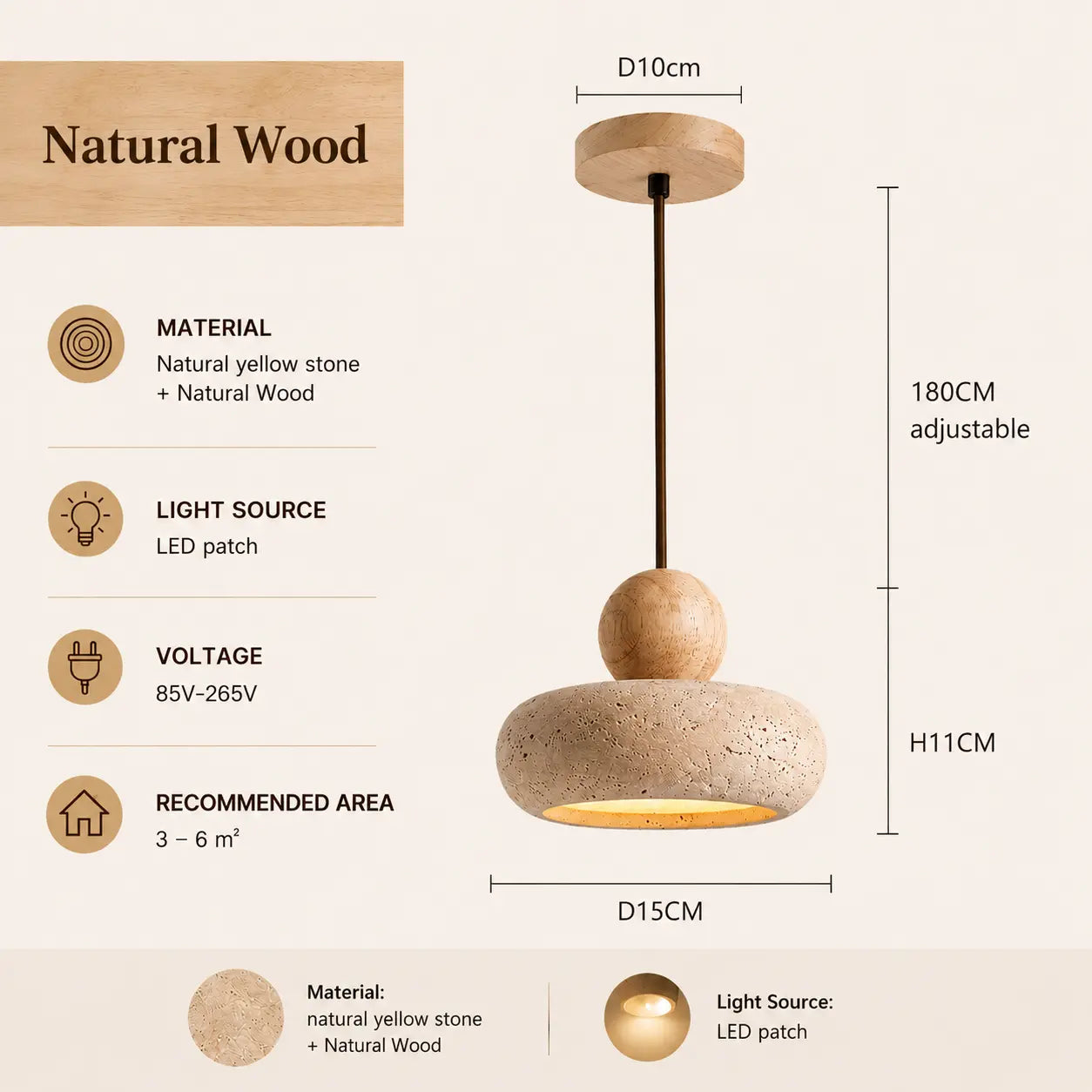 Arova stone pendant light with natural wood finish, product dimensions, and lighting specifications
