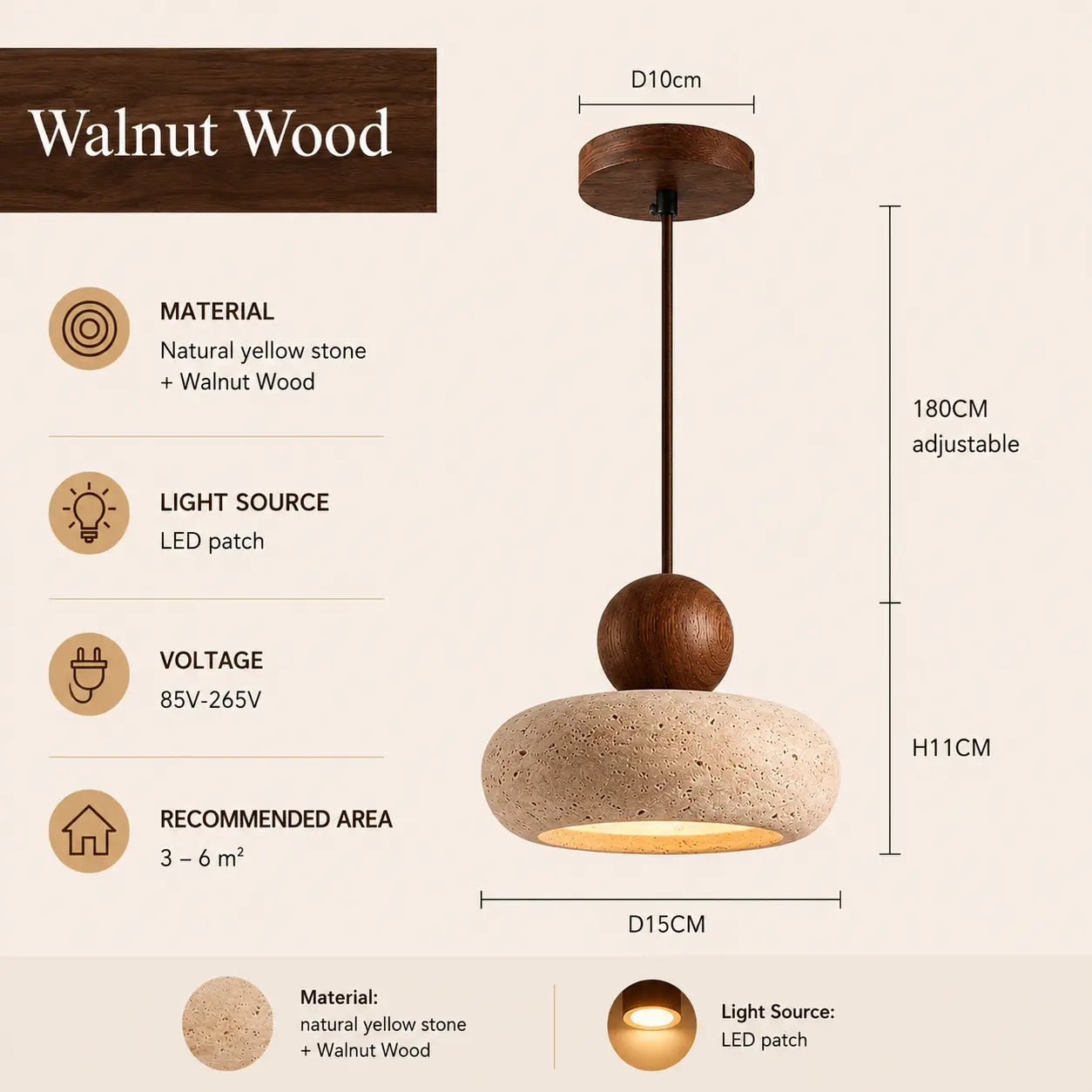 Arova stone pendant light with walnut wood finish, product dimensions, and lighting specifications