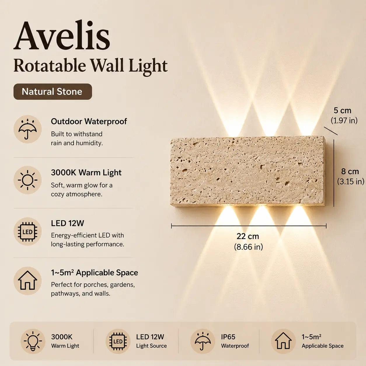 Aure stone wall light option 1 with product dimensions, material details, and lighting specifications