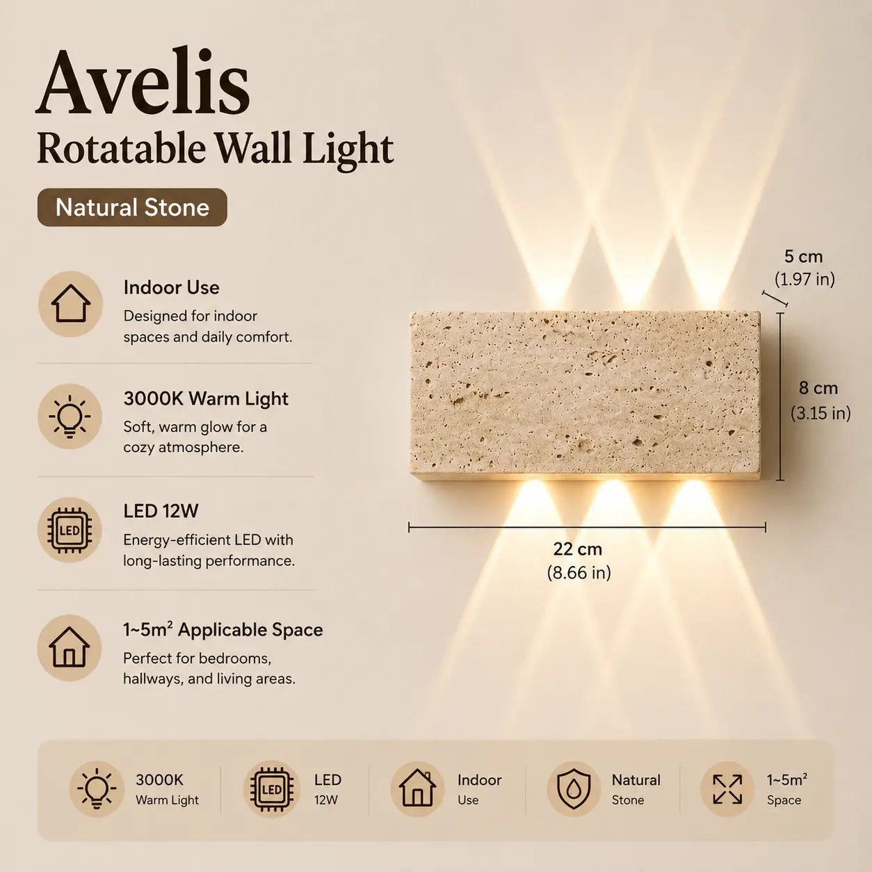 Aure stone wall light option 2 with product dimensions, material details, and lighting specifications