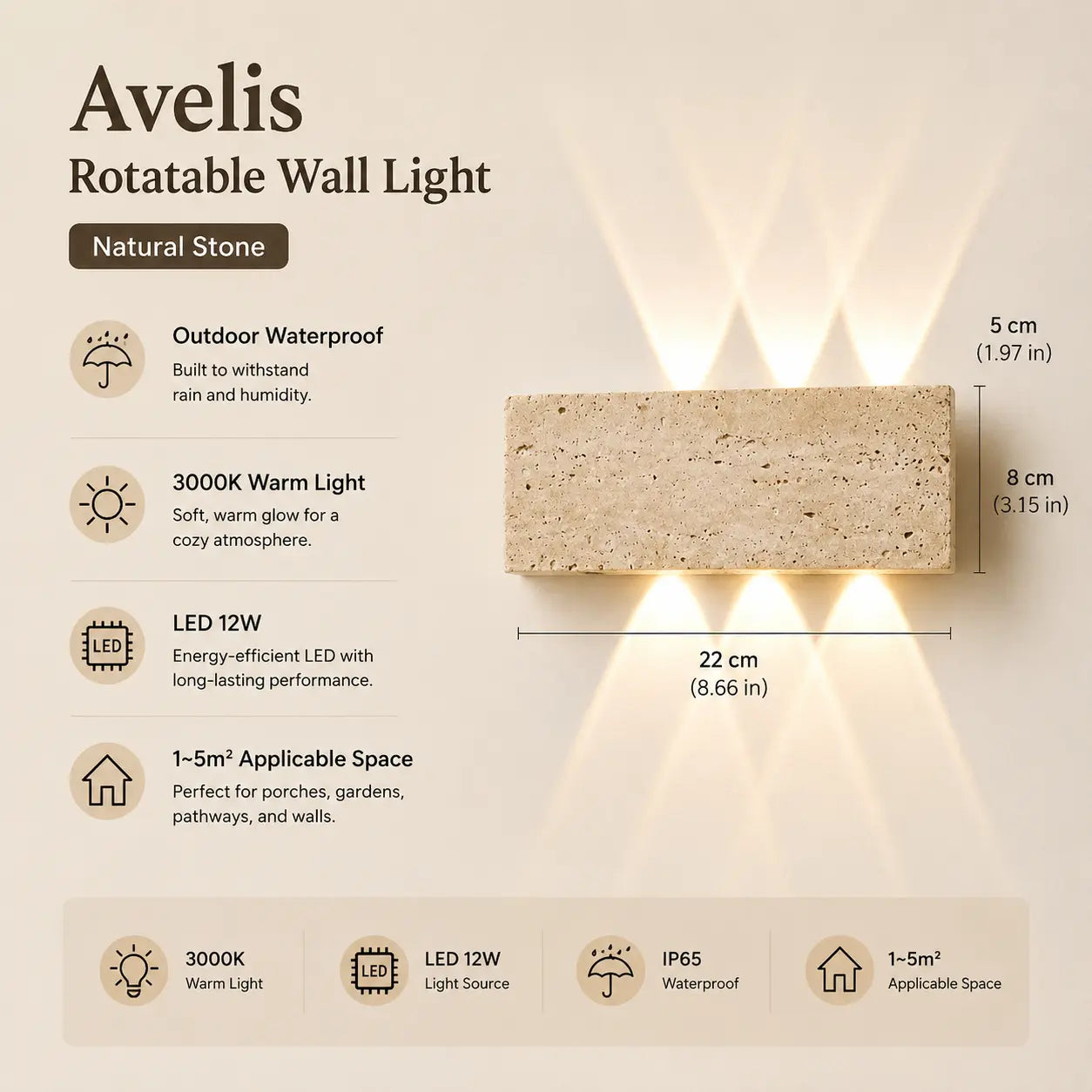 Aure stone wall light option 3 with product dimensions, material details, and lighting specifications