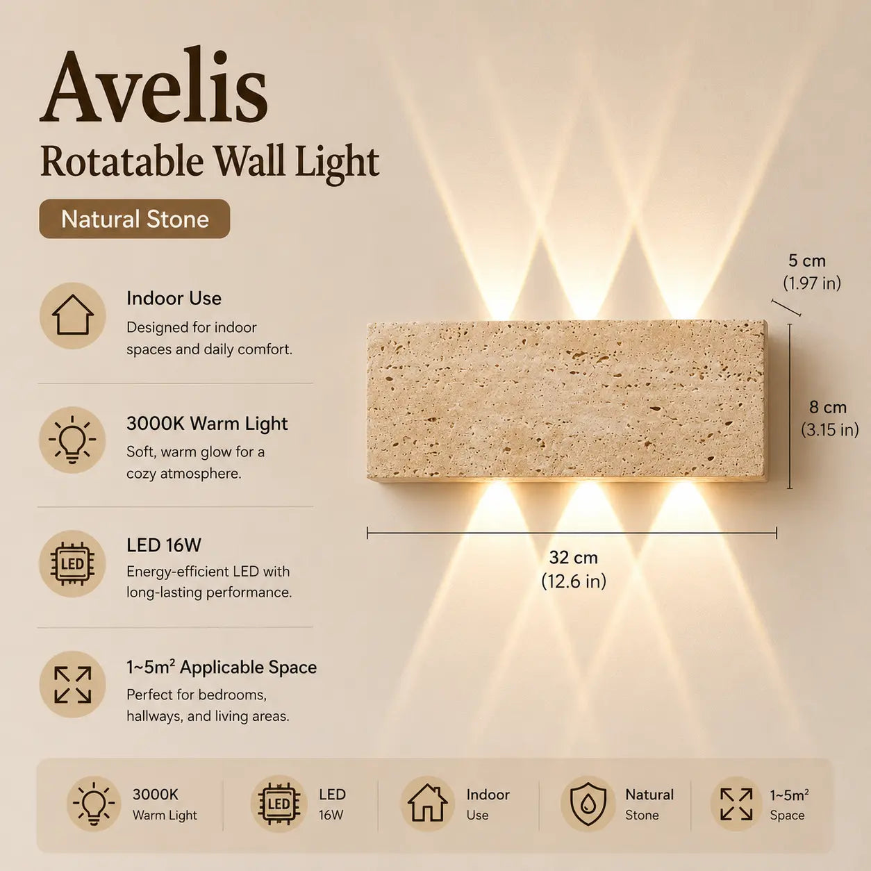 Aure stone wall light option 4 with product dimensions, material details, and lighting specifications