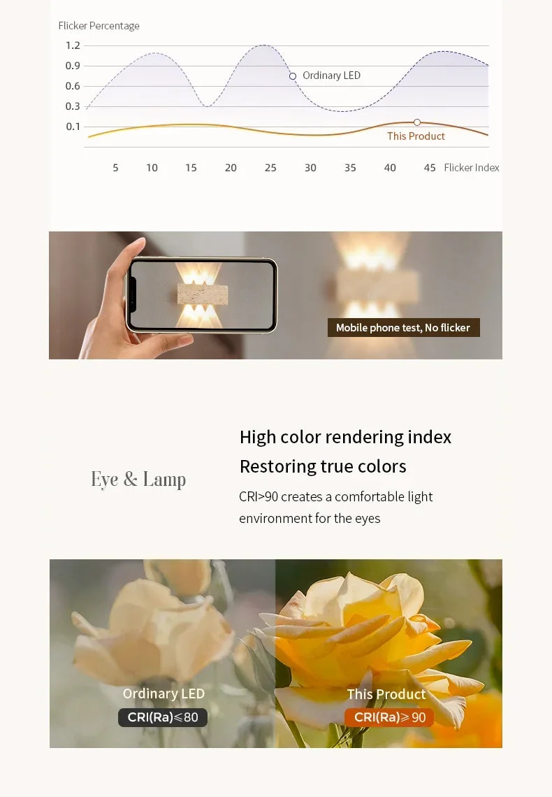 Aure stone wall light product feature overview with warm glow and wall-mounted design details