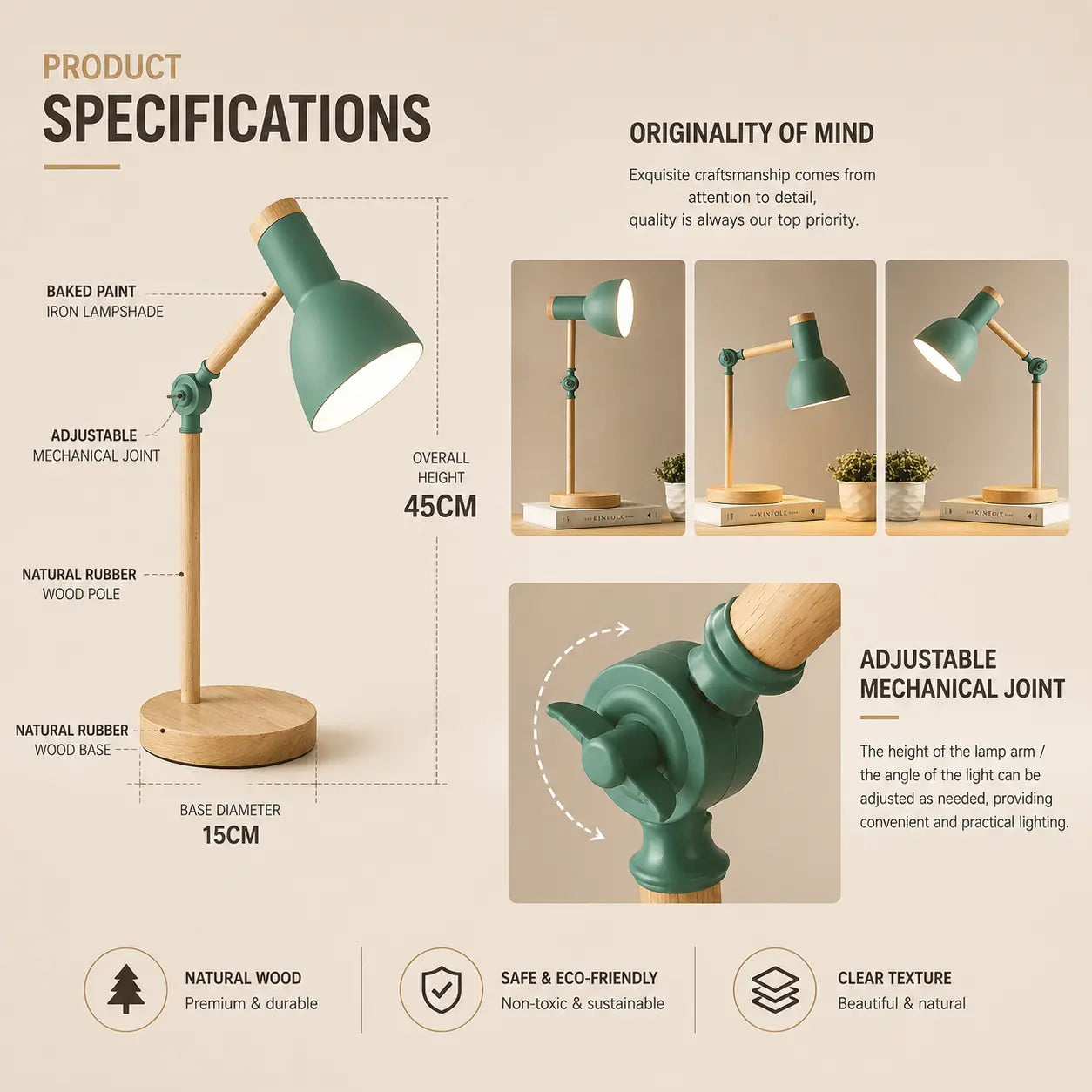 Aureline Nordic desk lamp color options and specifications with adjustable head and compact desk design