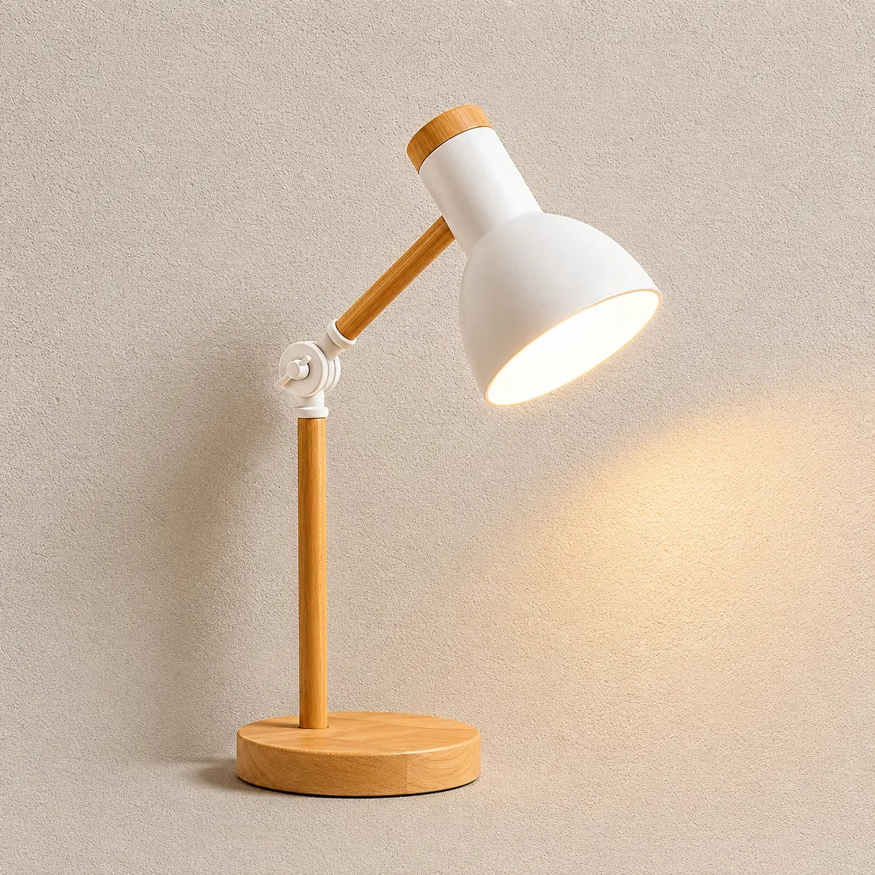 Aureline Nordic desk lamp with an adjustable angled head, warm wood base, and soft focused light