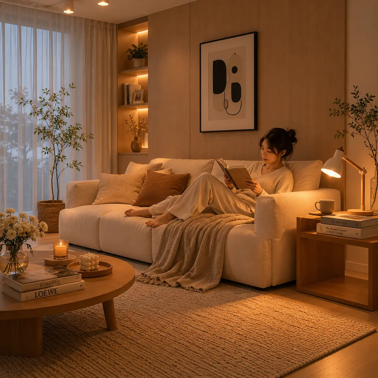 Aureline Nordic desk lamp adding gentle warm focus to a cozy living room setting