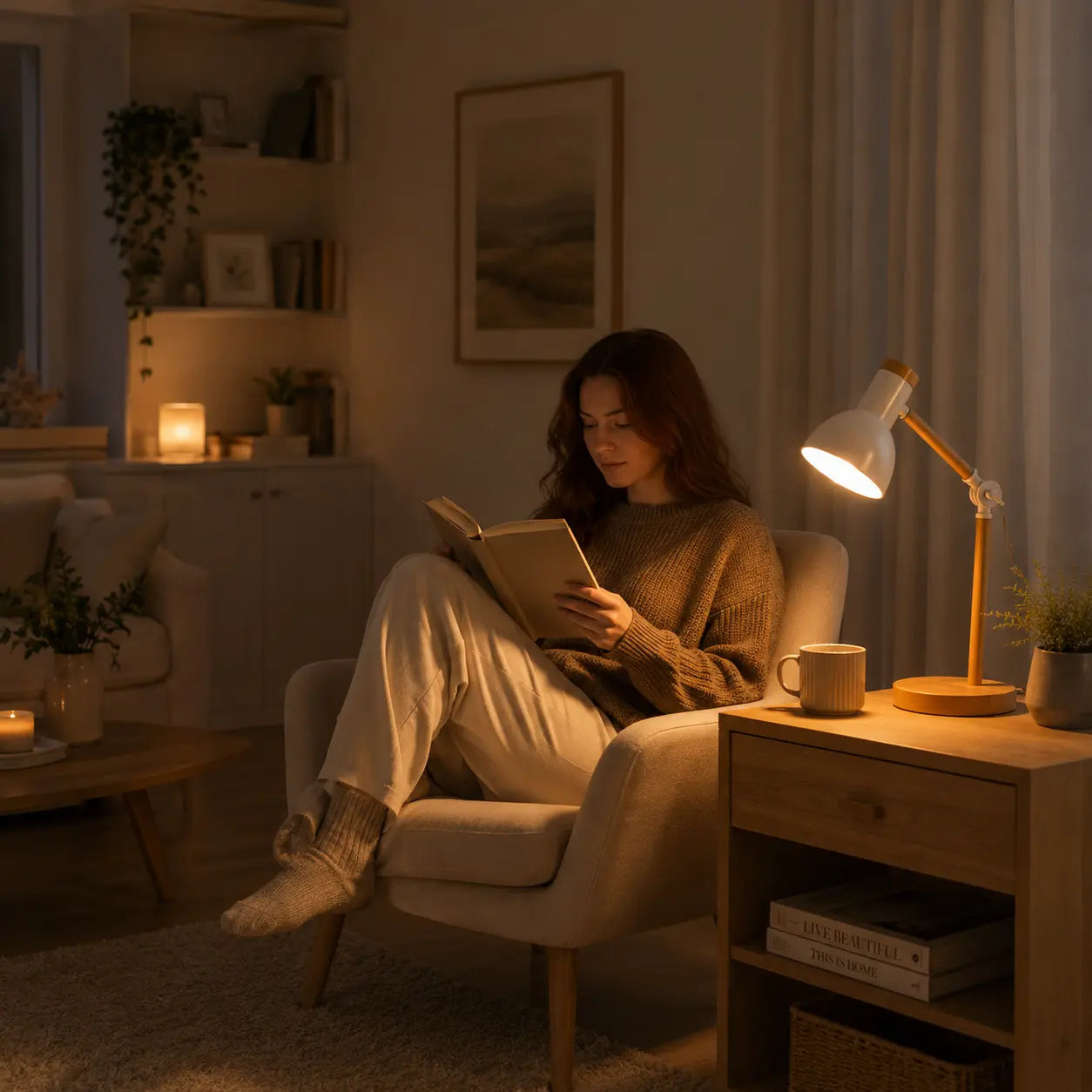 Aureline Nordic desk lamp creating soft warm light for a calm evening reading corner