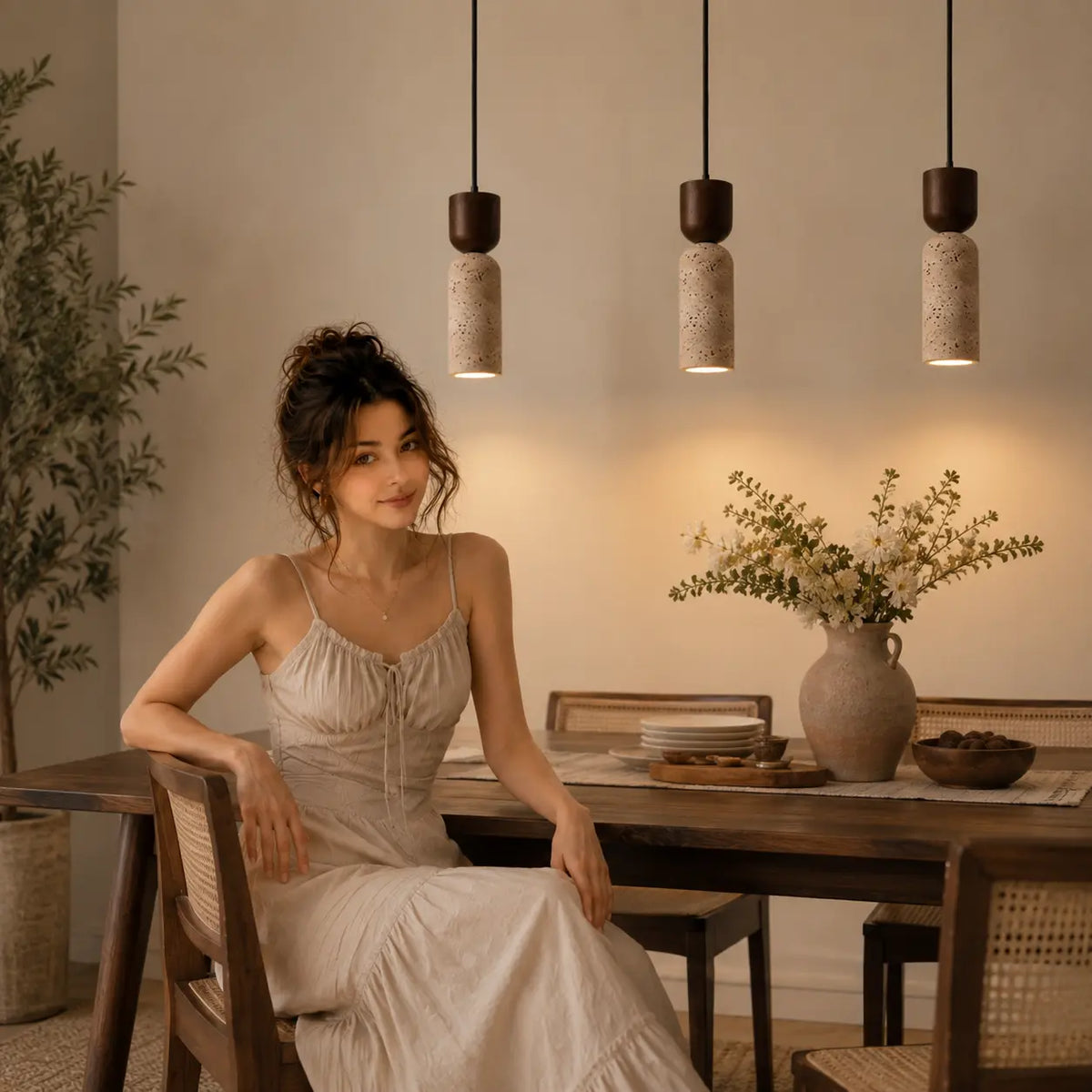 Auren stone pendant light creating warm bedside illumination in a quiet bedroom setting
