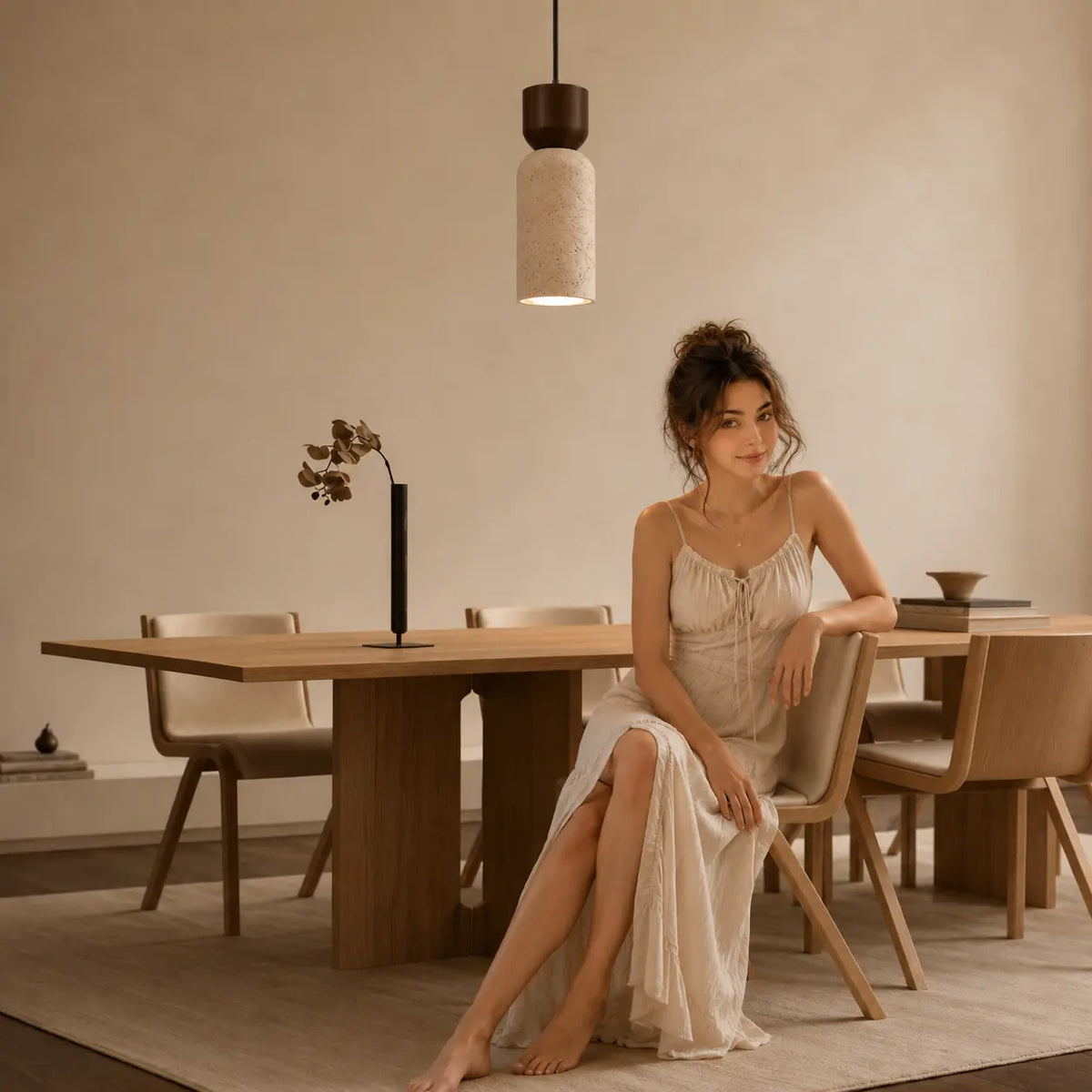 Auren stone pendant light creating a quiet warm mood around a dining table