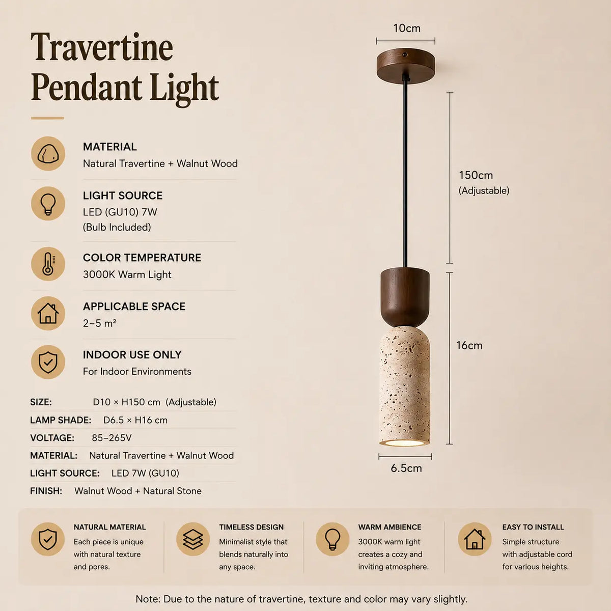 Auren stone pendant light option 1 with product dimensions, material details, and lighting specifications