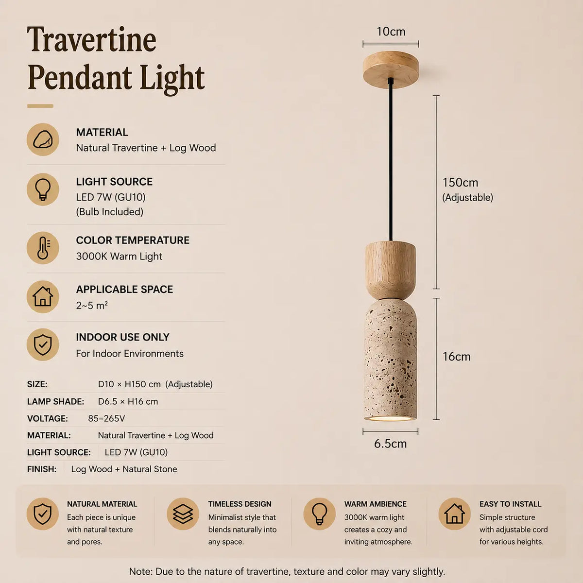 Auren stone pendant light option 2 with product dimensions, material details, and lighting specifications