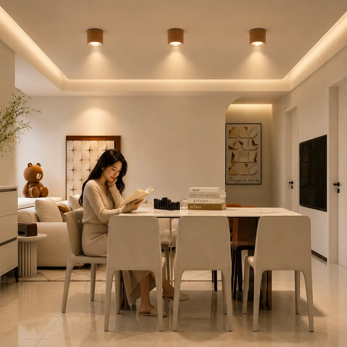 Auro wooden ceiling lights adding warm architectural light to a modern hallway