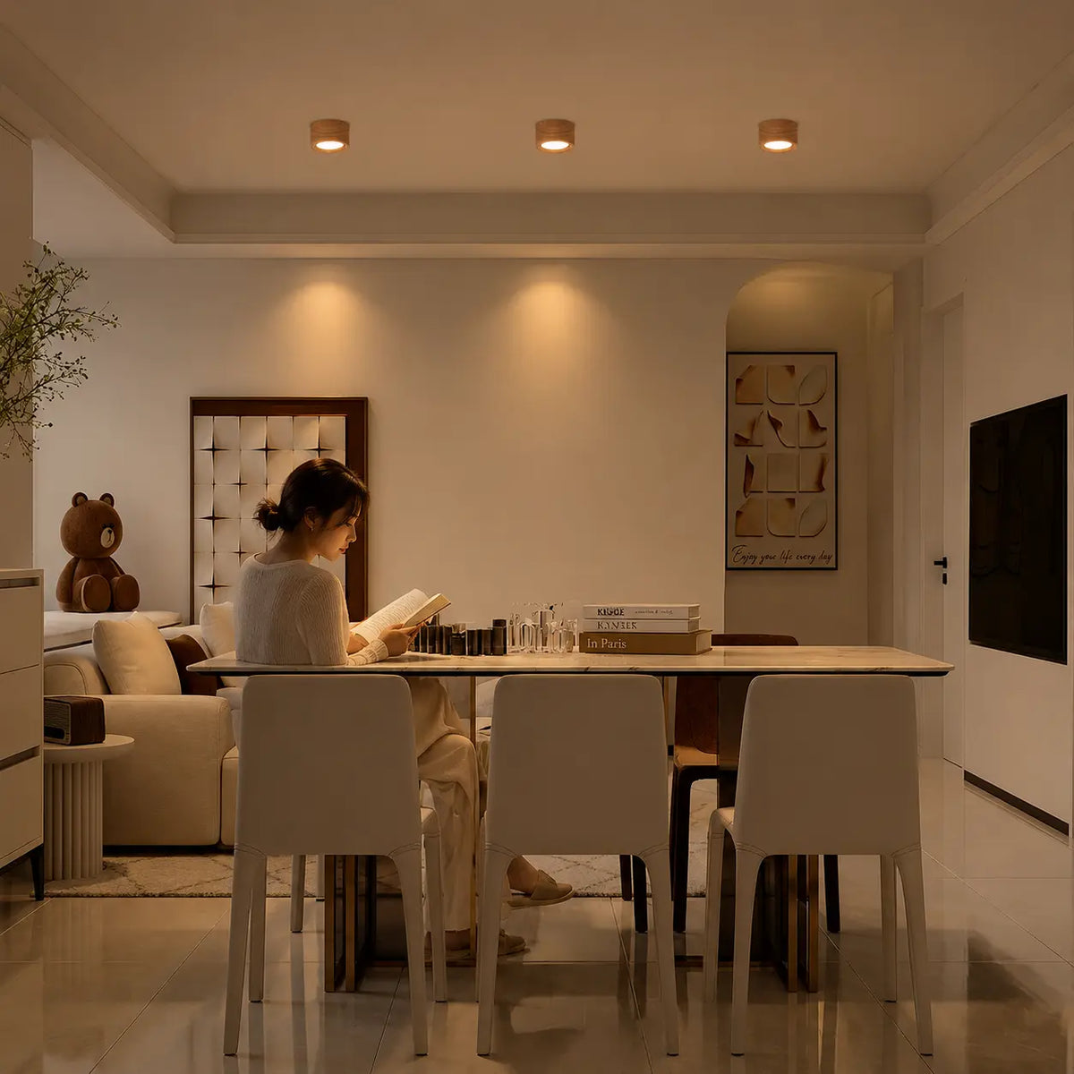 Auro wooden ceiling light creating warm focused light in a modern kitchen interior