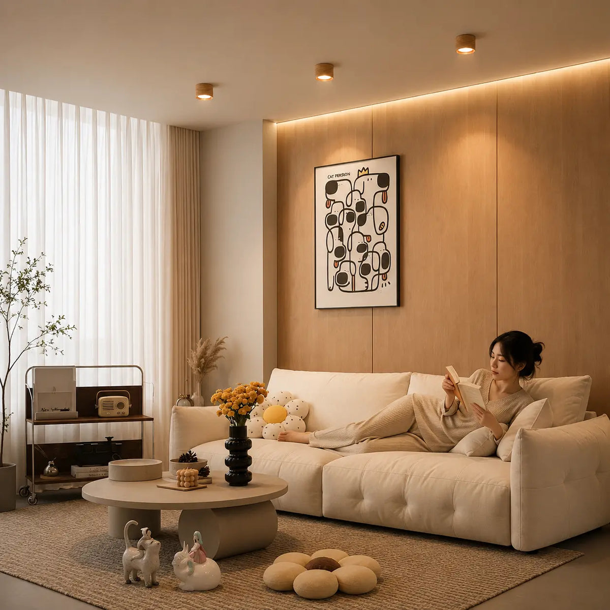 Auro wooden ceiling light adding quiet warm atmosphere to a neutral living room