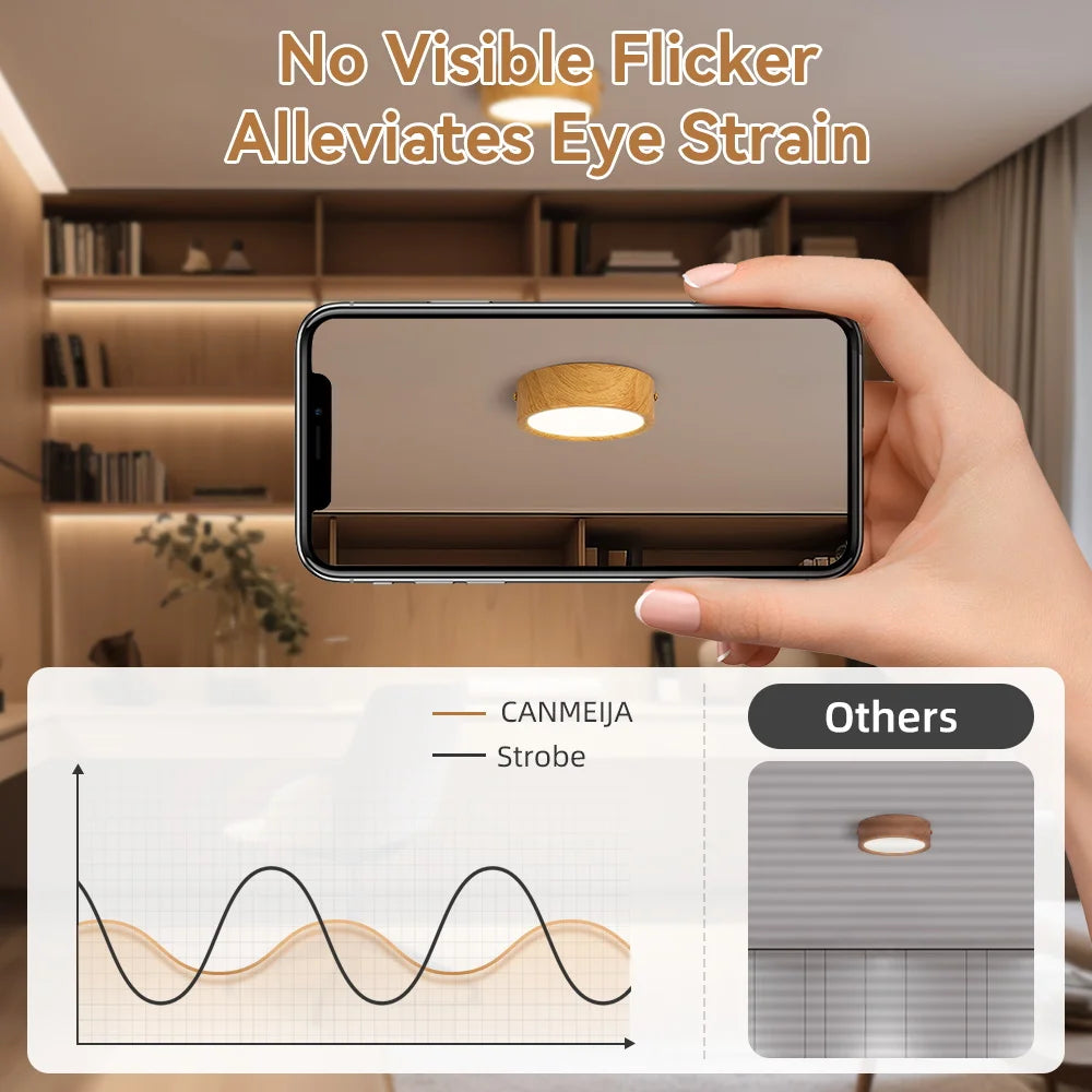 Auro wooden ceiling light feature overview showing warm lighting and mobile-style control detail
