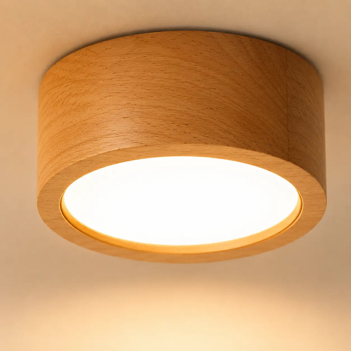 Close-up of the Auro wooden ceiling light with warm diffused downward glow