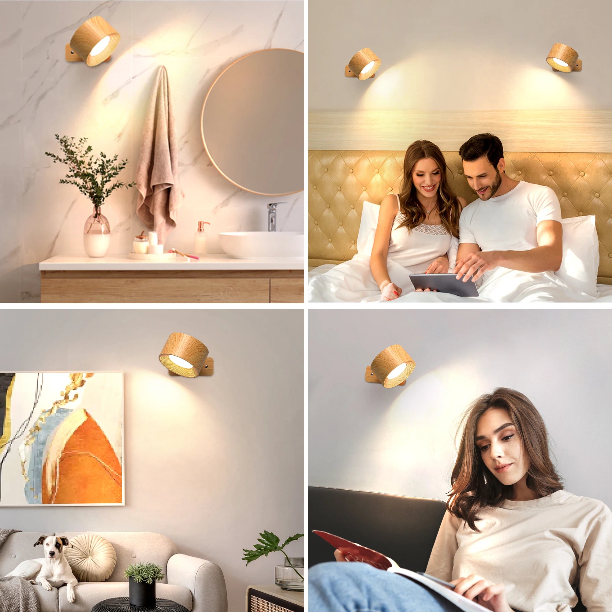 Avelis rotatable wall light shown in multiple home settings for flexible ambient lighting