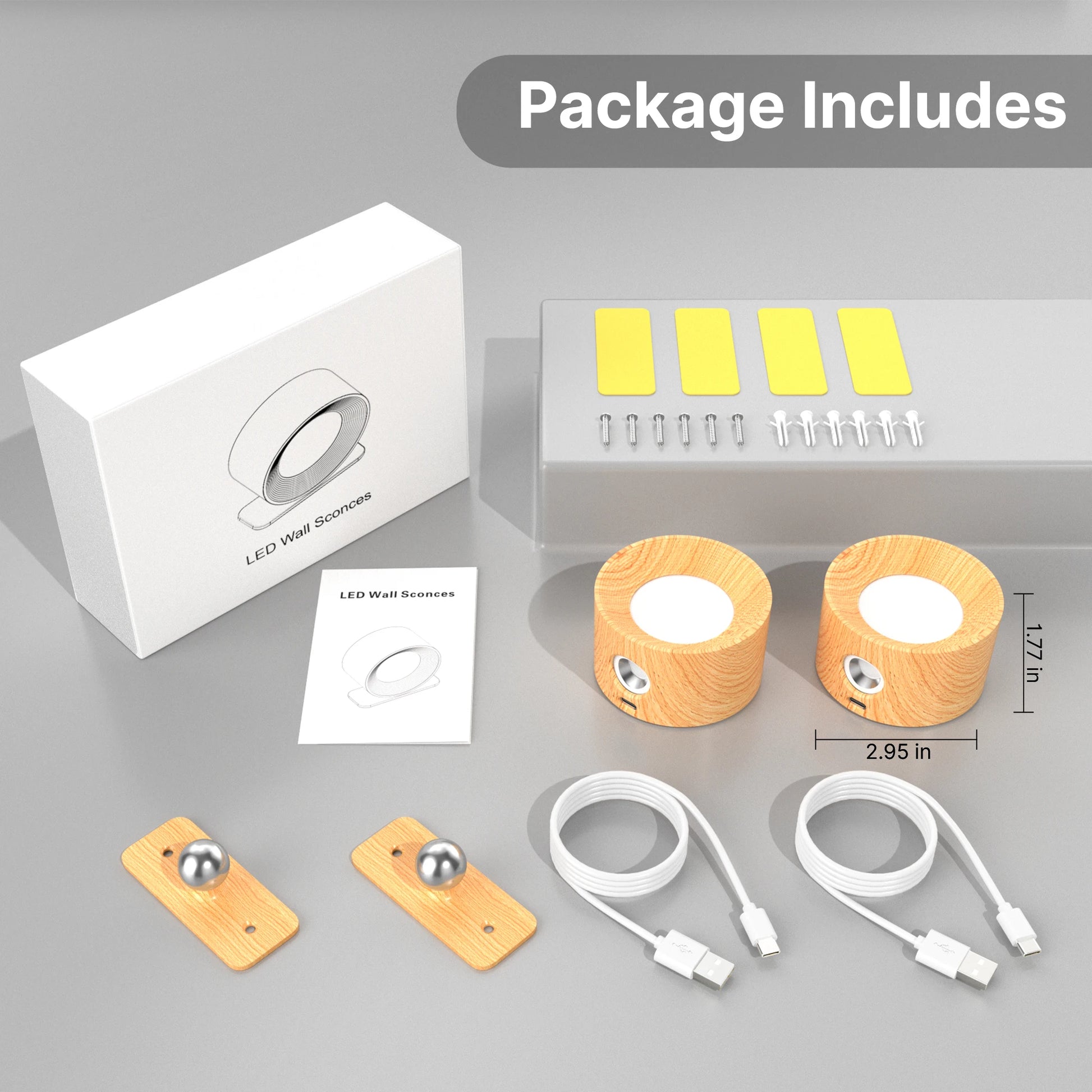 Avelis rotatable wall light package contents with lamp, charging cable, mount, and accessories