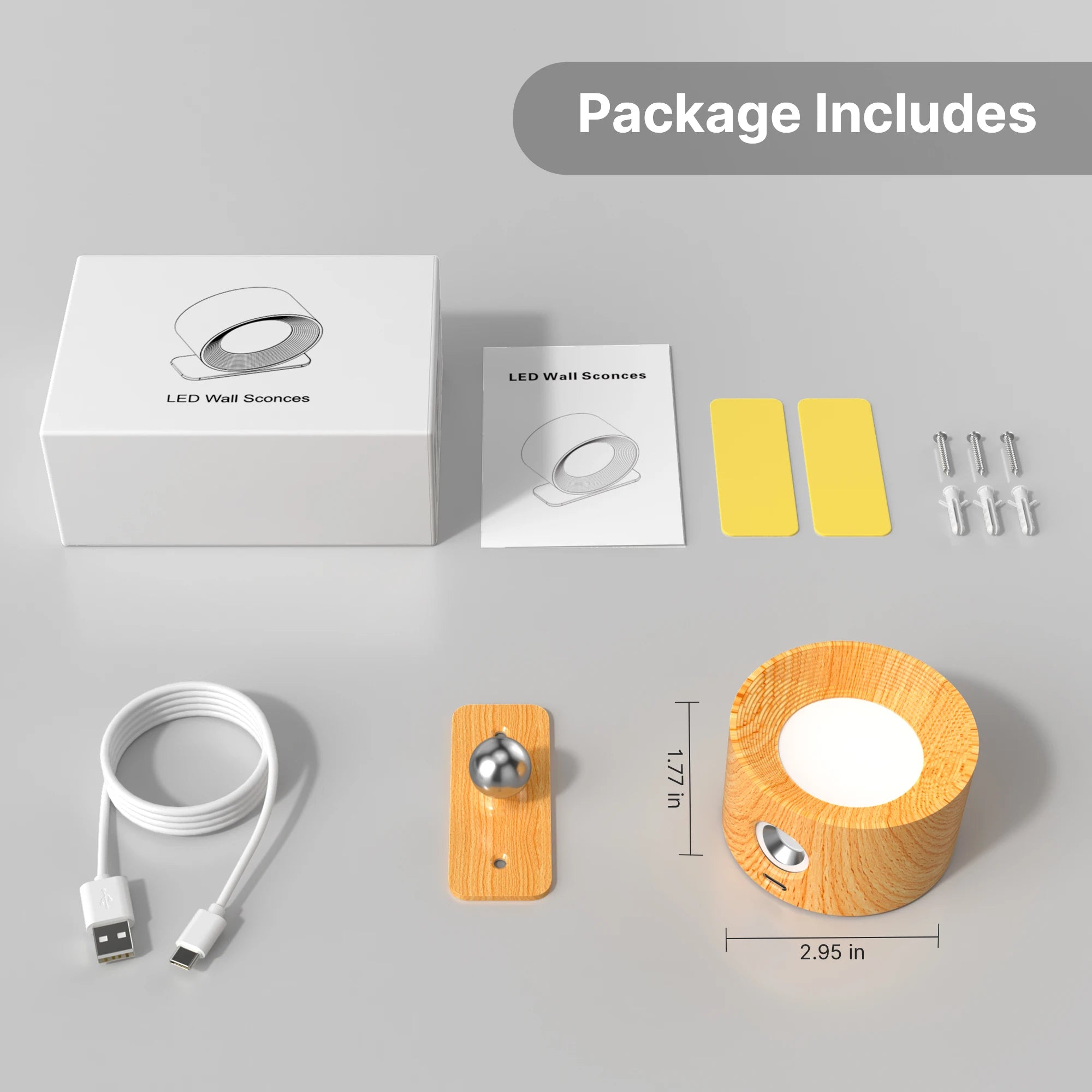 Avelis rotatable wall light packaging detail with included parts and installation accessories