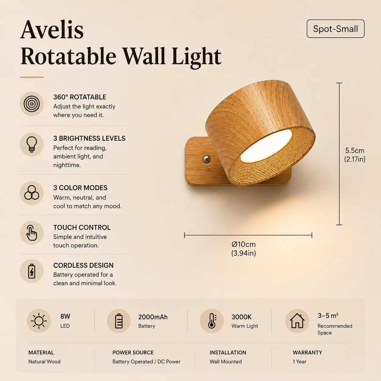 Avelis rotatable wall light product specifications with dimensions, brightness levels, and lighting modes