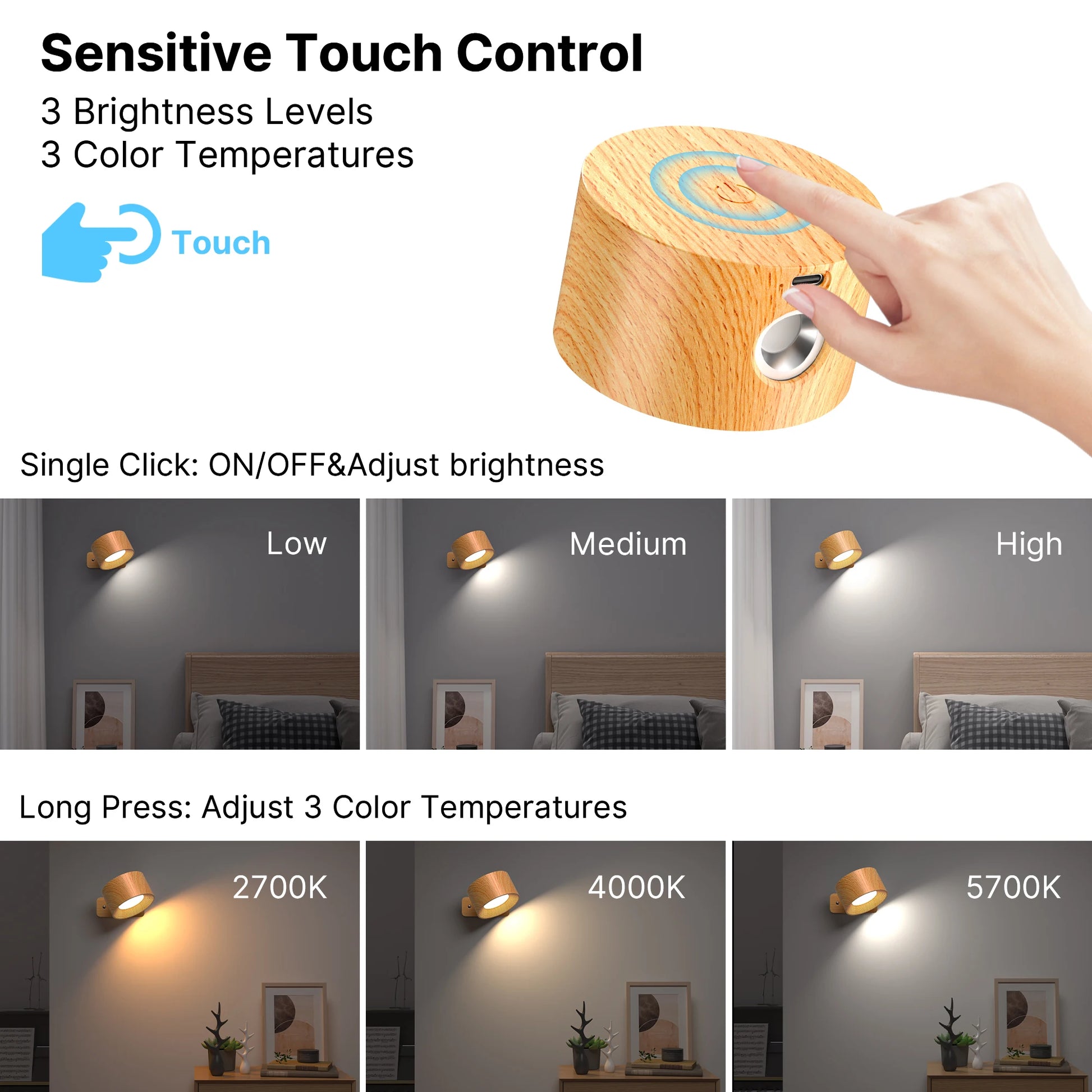 Avelis rotatable wall light touch control feature for brightness and color temperature adjustment