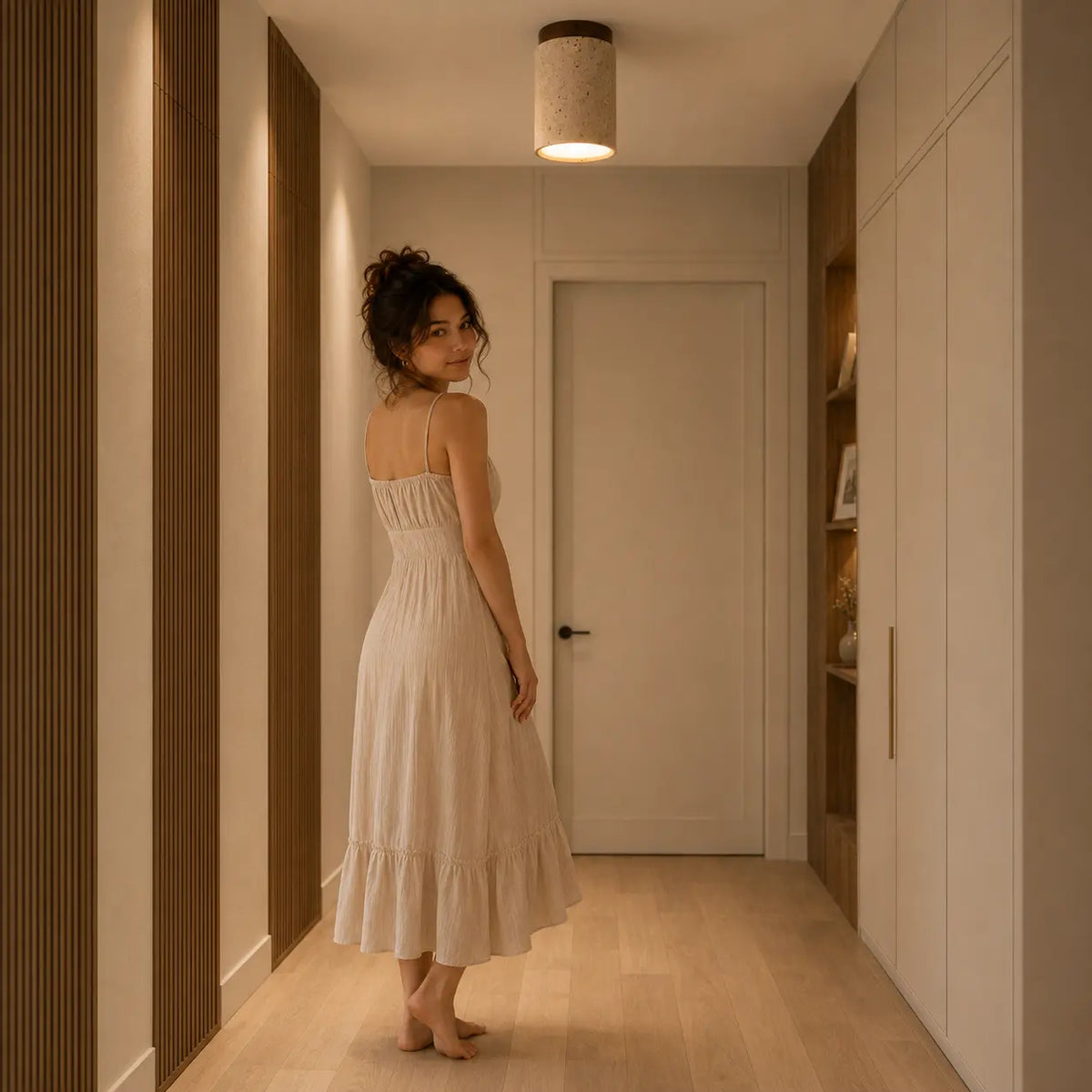 Aven stone ceiling light providing soft overhead light in a calm corridor interior