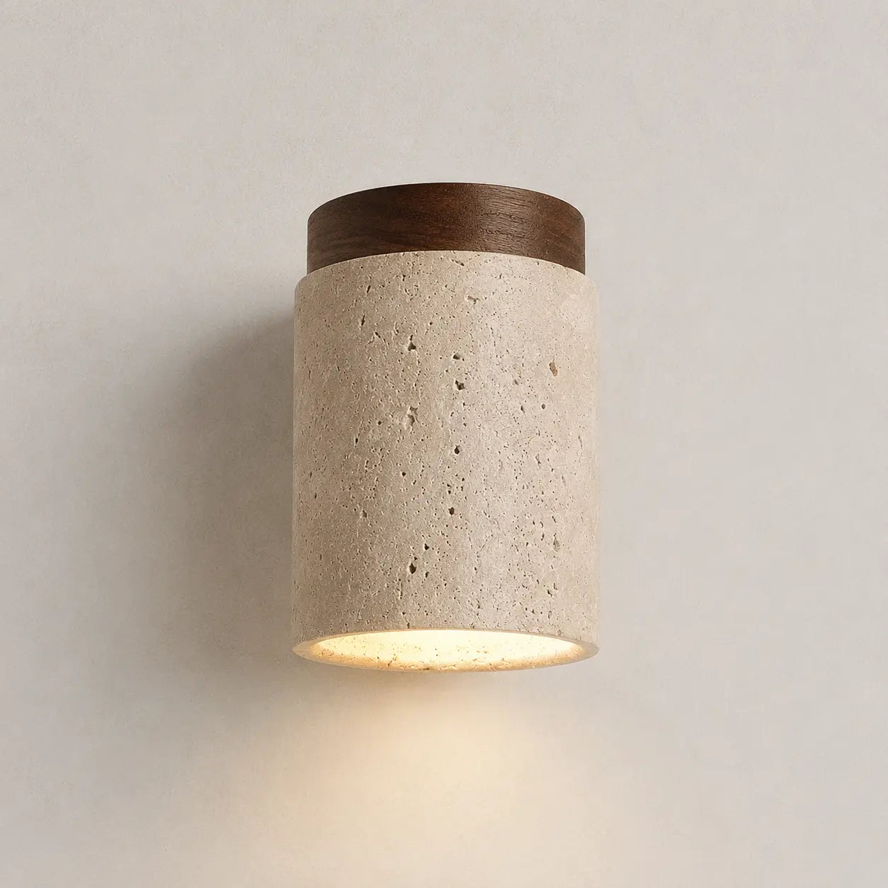 Aven stone ceiling light with a textured cylindrical shade, wood accent, and warm downward glow