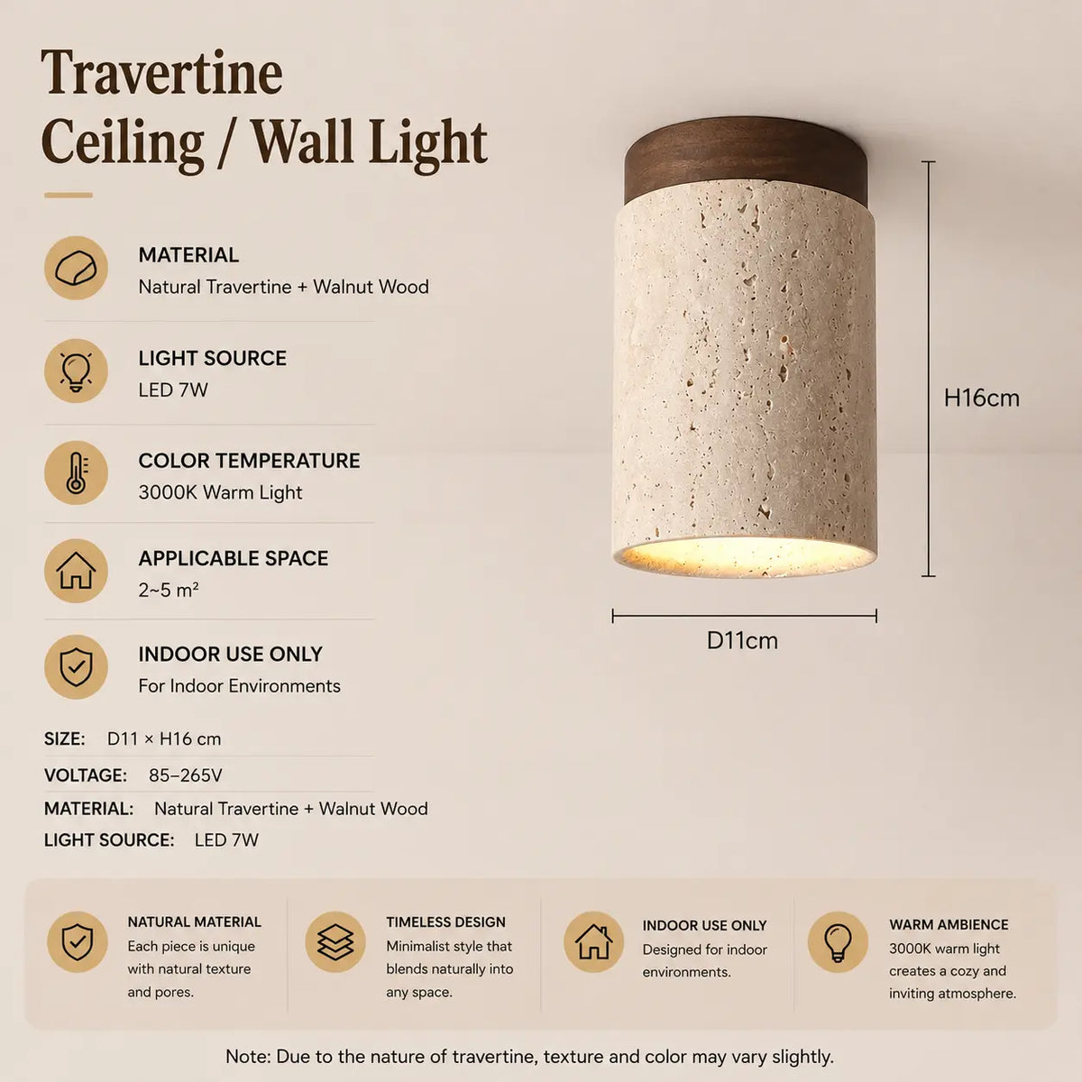 Aven stone ceiling light option 1 with product dimensions, material details, and lighting specifications