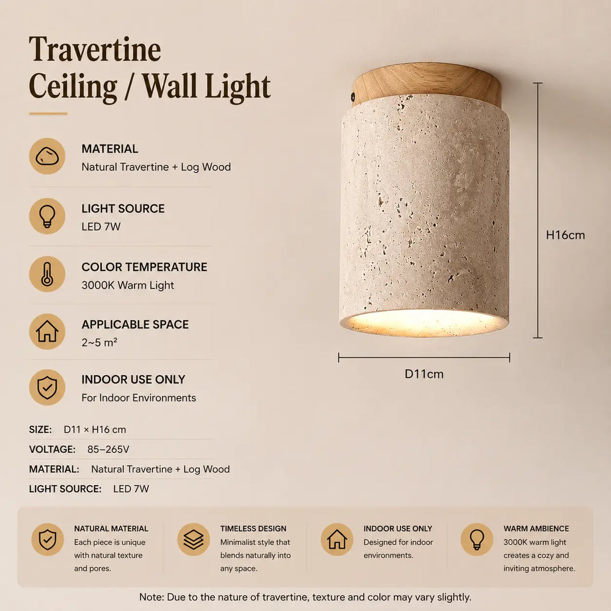 Aven stone ceiling light option 2 with product dimensions, material details, and lighting specifications