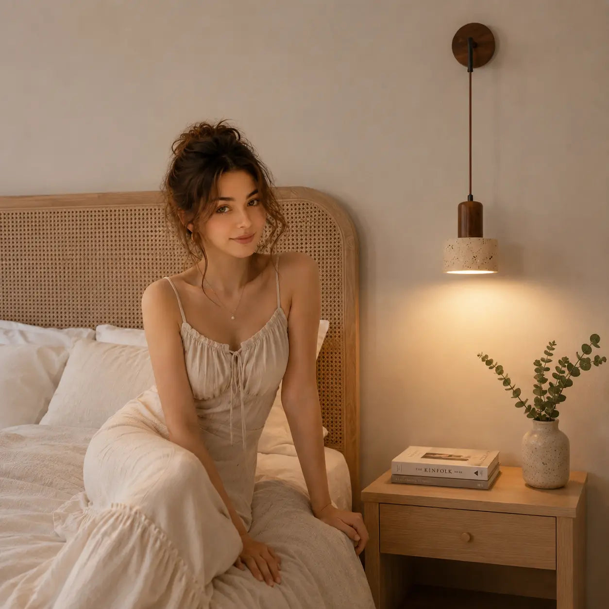 Cael wood wall light creating a soft calm bedroom atmosphere with warm bedside illumination