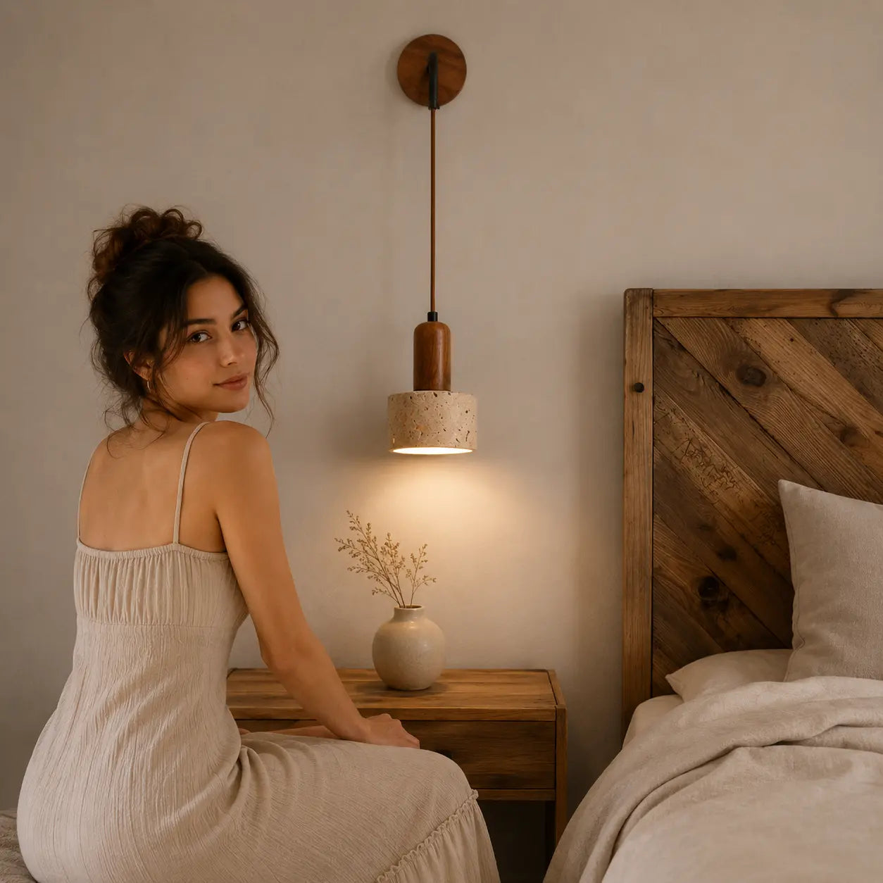 Cael wood wall light adding warm ambient light beside a bed in a neutral bedroom