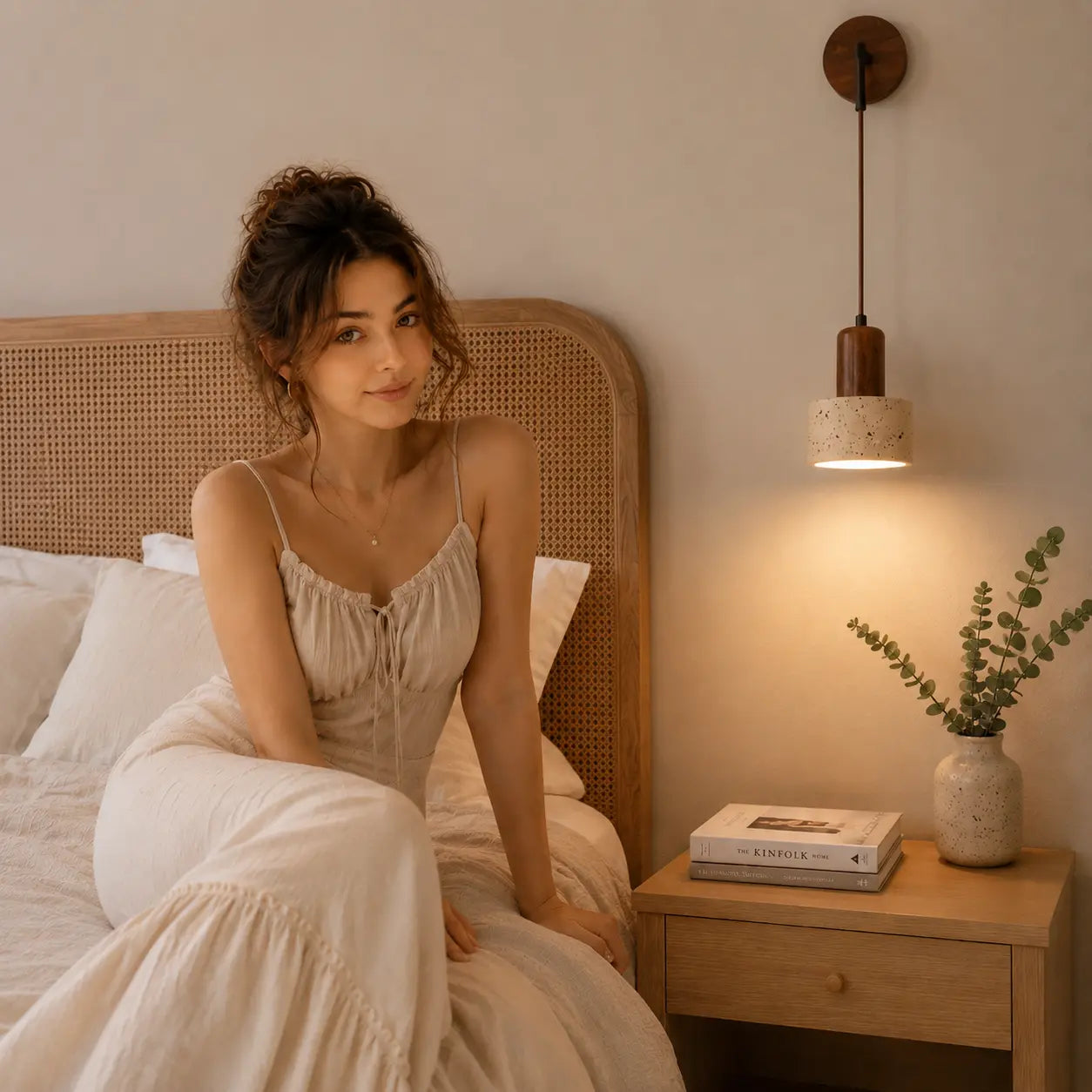 Cael wood wall light creating a soft warm bedside glow in a calm bedroom interior