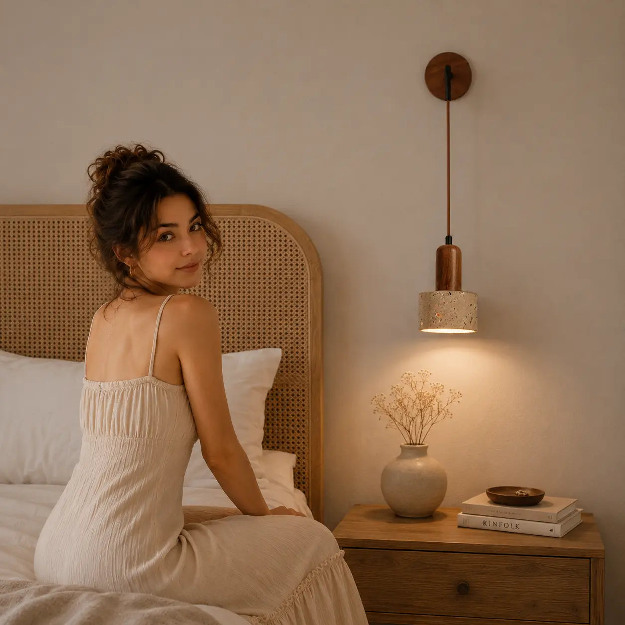 Cael wood wall light creating a quiet warm glow for a bedside reading moment