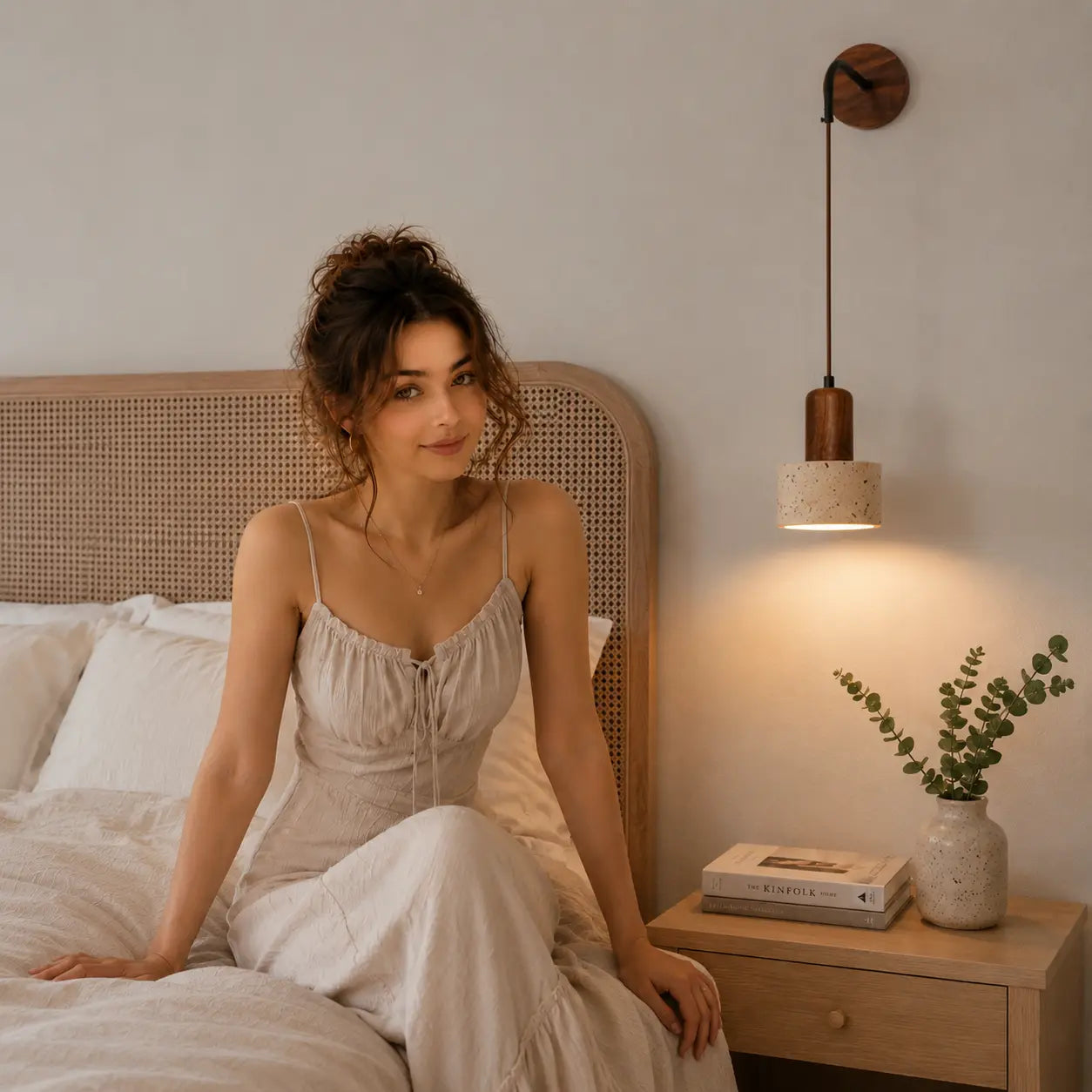 Cael wood wall light adding soft evening warmth beside a bedroom bed