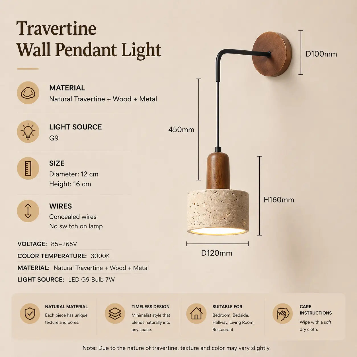 Cael wood wall light product specifications with dimensions, material details, and lighting features