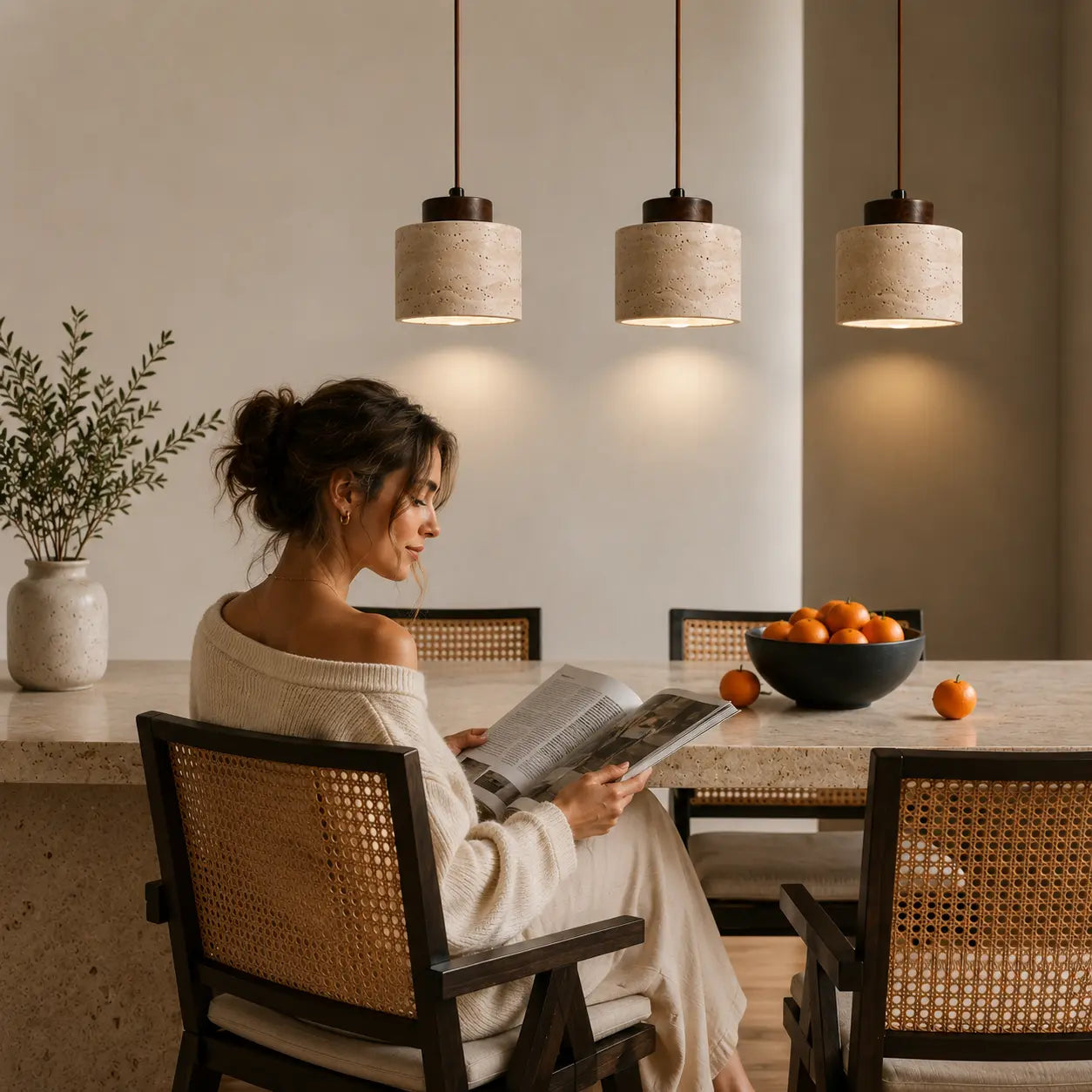Ciela stone pendant lights creating warm focused lighting above a calm work desk