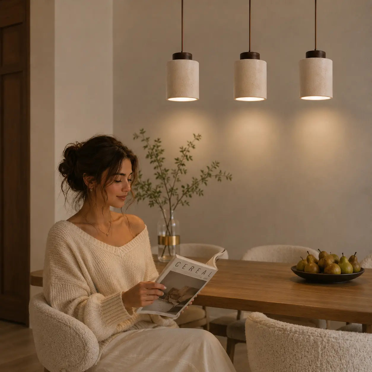 Ciela stone pendant light creating a soft warm glow above a calm dining table