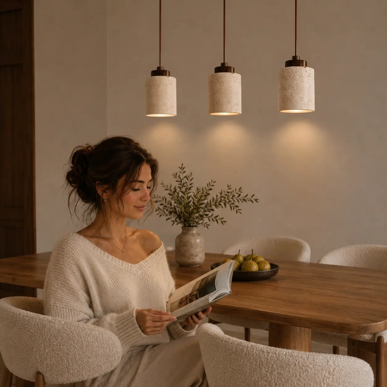 Ciela stone pendant lights adding soft warm atmosphere to a relaxed dining room