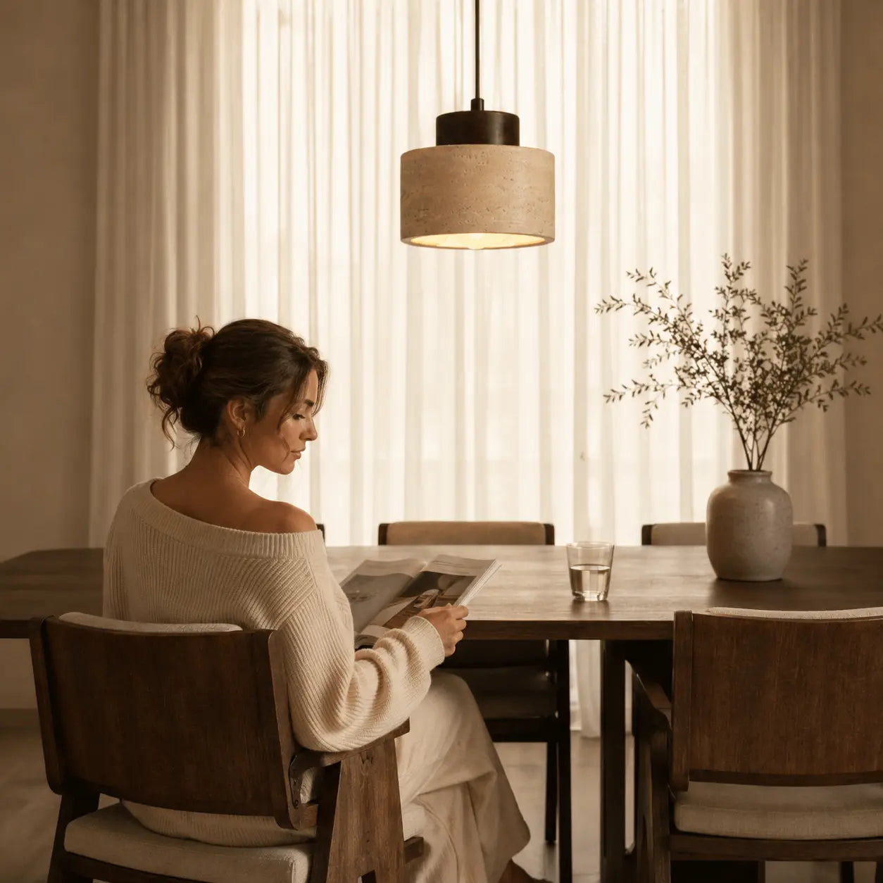 Ciela stone pendant light adding warm focused light to a quiet dining space
