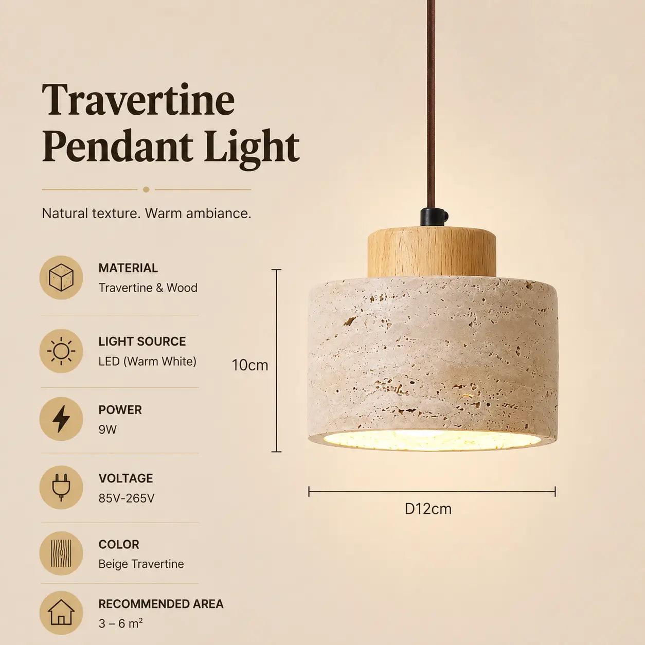 Ciela stone pendant light option 1 with product dimensions, material details, and lighting specifications