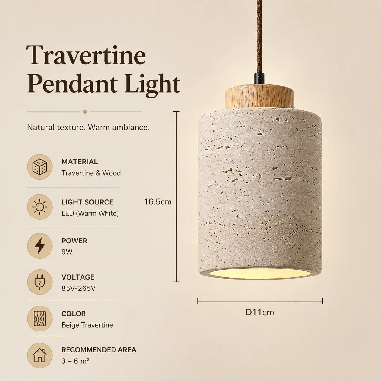 Ciela stone pendant light option 2 with product dimensions, material details, and lighting specifications