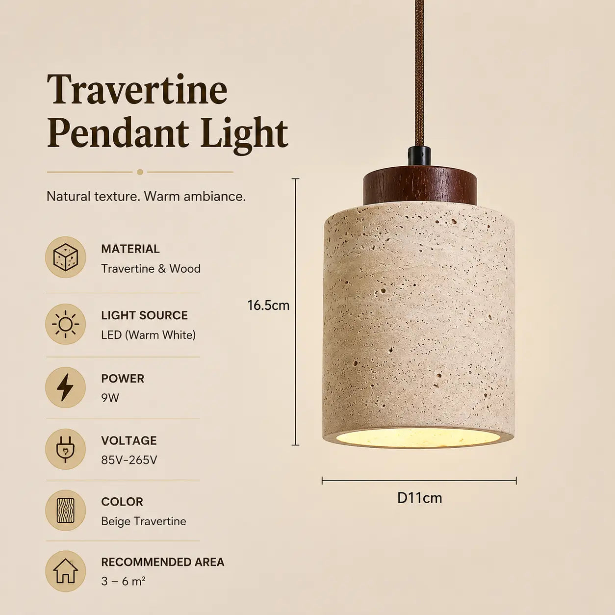 Ciela stone pendant light option 3 with product dimensions, material details, and lighting specifications