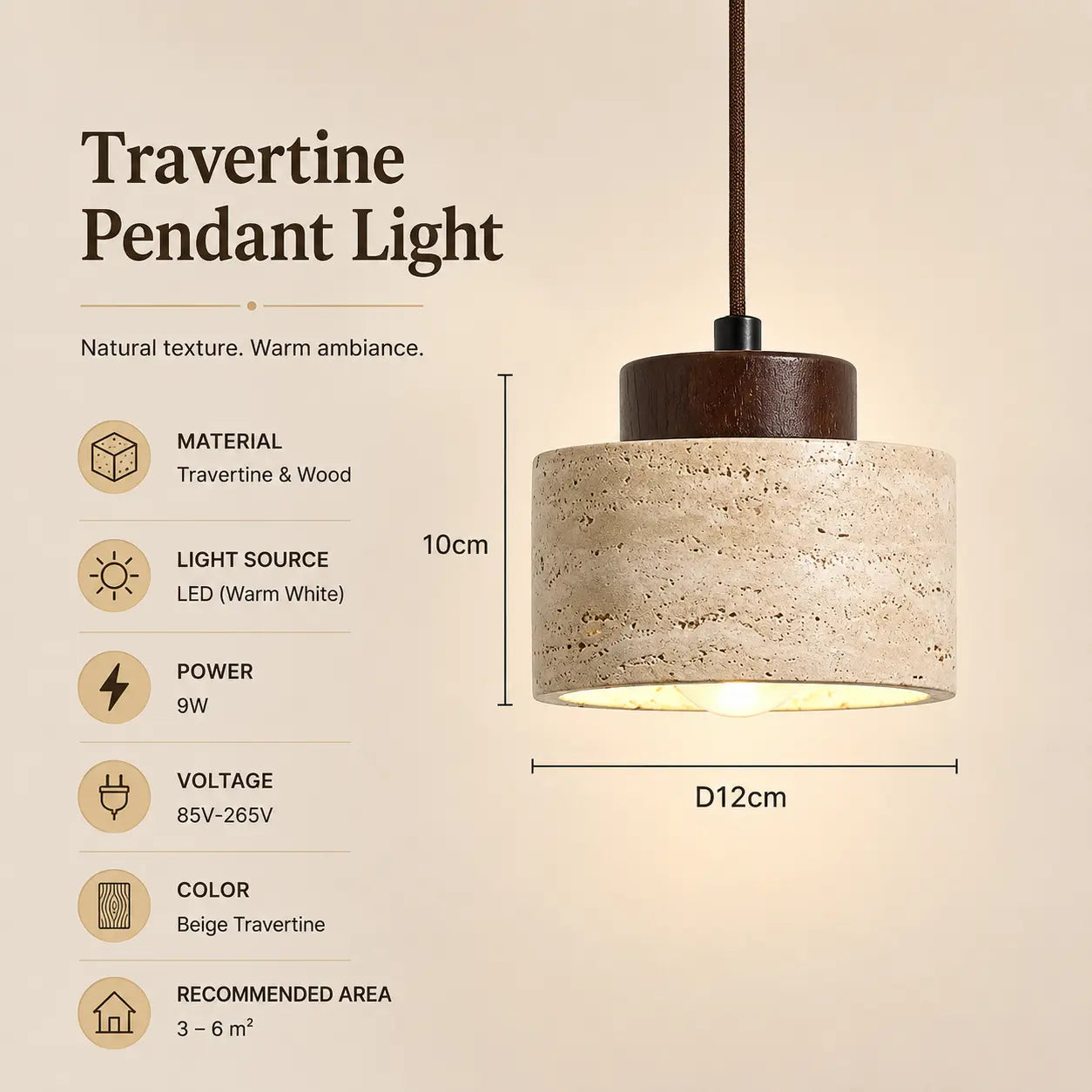 Ciela stone pendant light option 4 with product dimensions, material details, and lighting specifications