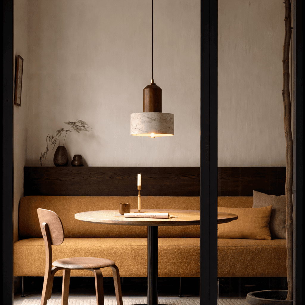Eira stone pendant light creating a warm intimate glow above a modern dining table