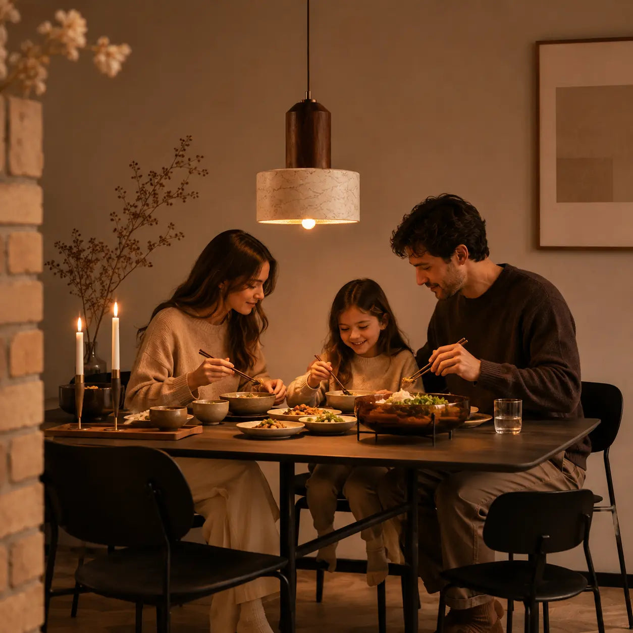 ira stone pendant light creating a soft warm pool of light above a dinner table